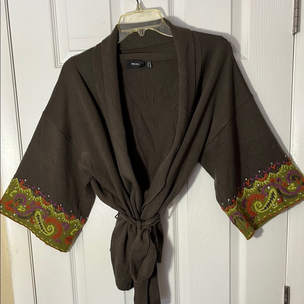 MEXX wool blend VTG boho kimono open cardigan sweater paisley embroidered XL
